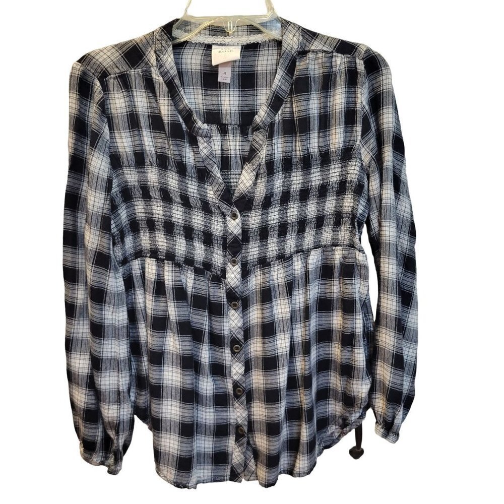 Knox Rose Sz M Black White Plaid LS Full Button Smocked Rayon Flannel Blouse
